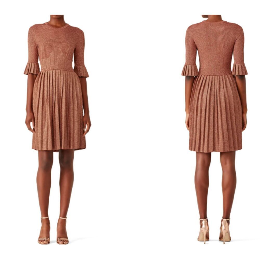 Carven Pleated Metallic Bronze Copper‎ Dress Gold Shimmer Fitted Top Size Medium